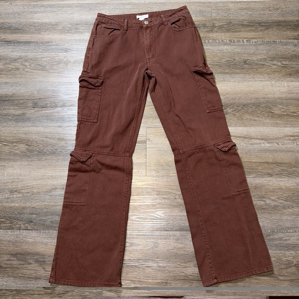 Forever 21 Brown Rust Denim Cargo Jeans Womens 26W Wide-Leg Multiple Pockets